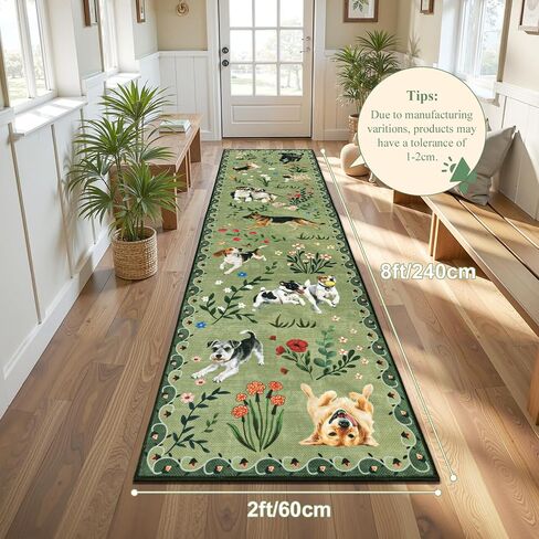 LOKHOM Hallway Runner Rug 2x8 Washable Animal Dog Print Linen Kitchen Rug with Rubber Backing, Non Slip Low Pile Soft Boho Floral Carpet for Entrance Laundry Bedroom, Green in Kuwait