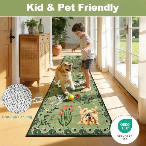 LOKHOM Hallway Runner Rug 2x8 Washable Animal Dog Print Linen Kitchen Rug with Rubber Backing, Non Slip Low Pile Soft Boho Floral Carpet for Entrance Laundry Bedroom, Green in Kuwait