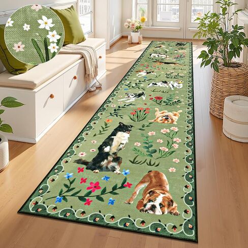 LOKHOM Hallway Runner Rug 2x8 Washable Animal Dog Print Linen Kitchen Rug with Rubber Backing, Non Slip Low Pile Soft Boho Floral Carpet for Entrance Laundry Bedroom, Green in Kuwait