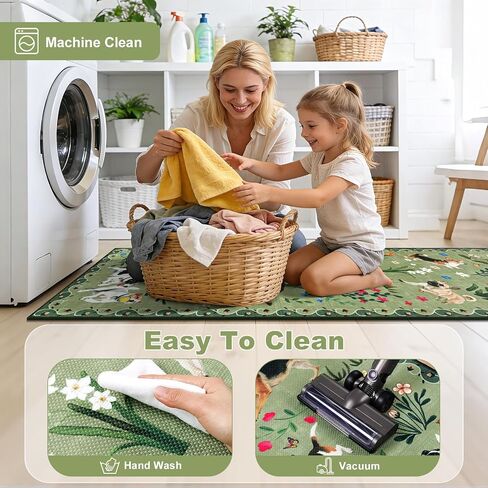 LOKHOM Hallway Runner Rug 2x8 Washable Animal Dog Print Linen Kitchen Rug with Rubber Backing, Non Slip Low Pile Soft Boho Floral Carpet for Entrance Laundry Bedroom, Green in Kuwait