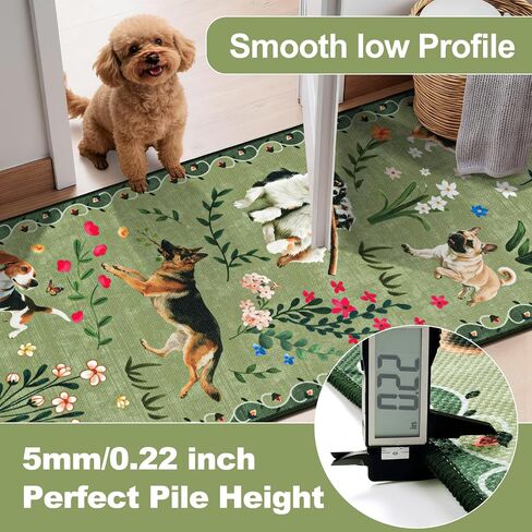 LOKHOM Hallway Runner Rug 2x8 Washable Animal Dog Print Linen Kitchen Rug with Rubber Backing, Non Slip Low Pile Soft Boho Floral Carpet for Entrance Laundry Bedroom, Green in Kuwait