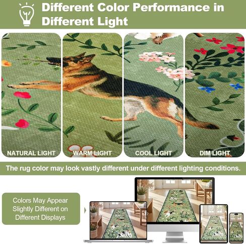 LOKHOM Hallway Runner Rug 2x8 Washable Animal Dog Print Linen Kitchen Rug with Rubber Backing, Non Slip Low Pile Soft Boho Floral Carpet for Entrance Laundry Bedroom, Green in Kuwait