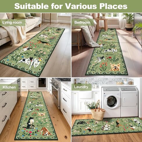 LOKHOM Hallway Runner Rug 2x8 Washable Animal Dog Print Linen Kitchen Rug with Rubber Backing, Non Slip Low Pile Soft Boho Floral Carpet for Entrance Laundry Bedroom, Green in Kuwait
