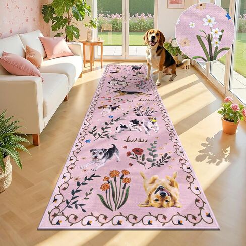 LOKHOM Hallway Runner Rug 2x8 Washable Animal Dog Print Linen Kitchen Rug with Rubber Backing, Non Slip Low Pile Soft Boho Floral Carpet for Entrance Laundry Bedroom, Green in Kuwait