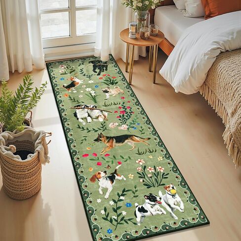 LOKHOM Hallway Runner Rug 2x8 Washable Animal Dog Print Linen Kitchen Rug with Rubber Backing, Non Slip Low Pile Soft Boho Floral Carpet for Entrance Laundry Bedroom, Green in Kuwait