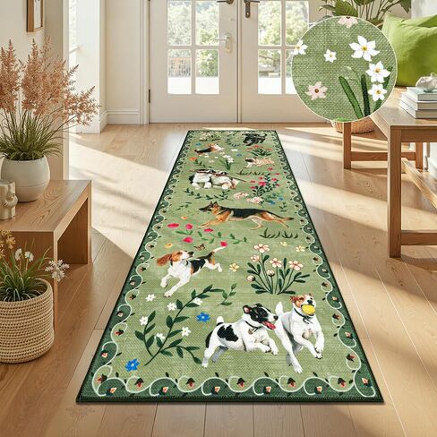 LOKHOM Hallway Runner Rug 2x8 Washable Animal Dog Print Linen Kitchen Rug with Rubber Backing, Non Slip Low Pile Soft Boho Floral Carpet for Entrance Laundry Bedroom, Green in Kuwait
