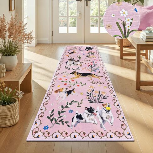 LOKHOM Hallway Runner Rug 2x8 Washable Animal Dog Print Linen Kitchen Rug with Rubber Backing, Non Slip Low Pile Soft Boho Floral Carpet for Entrance Laundry Bedroom, Green in Kuwait