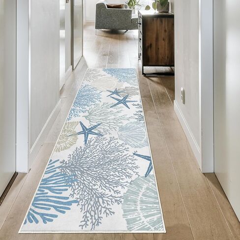 Coastal Runner Rug 2x6 for Hallway Blue Nautical Beach Decor Kitchen Throw Carpet Ultra Thin Non Slip Washable Fur Area Rug Mat for Entryway Laundry Bedroom Living Room (Blue, 24×72in) in Saudi Arabia