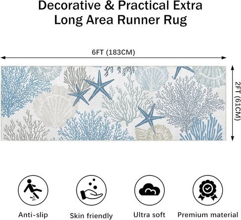 Coastal Runner Rug 2x6 for Hallway Blue Nautical Beach Decor Kitchen Throw Carpet Ultra Thin Non Slip Washable Fur Area Rug Mat for Entryway Laundry Bedroom Living Room (Blue, 24×72in) in Saudi Arabia