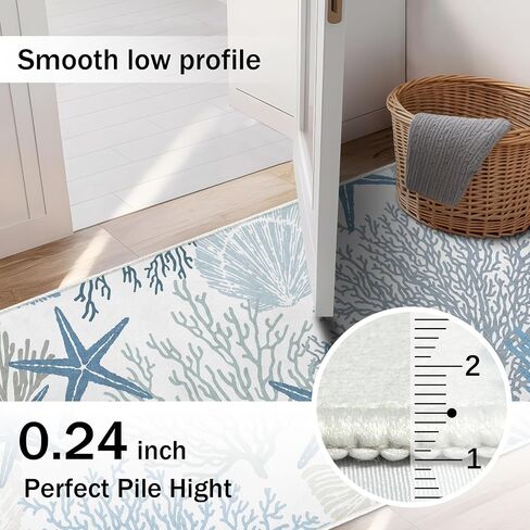 Coastal Runner Rug 2x6 for Hallway Blue Nautical Beach Decor Kitchen Throw Carpet Ultra Thin Non Slip Washable Fur Area Rug Mat for Entryway Laundry Bedroom Living Room (Blue, 24×72in) in Saudi Arabia