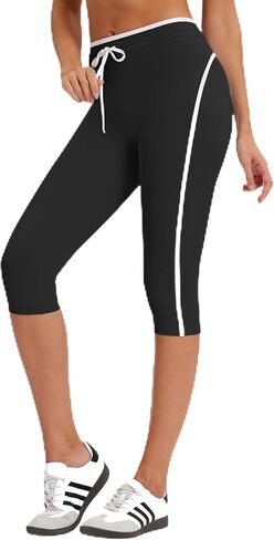 MOOSLOVER Women High Waisted Capri Leggings Drawstring Color Block Capris Stretch Compression Workout Yoga Pants in Kuwait