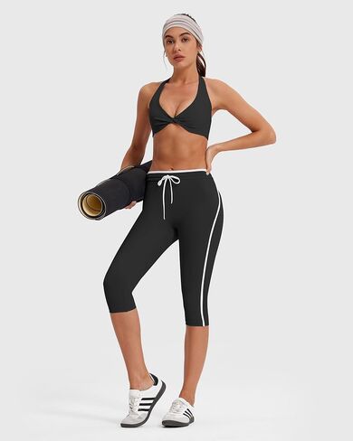 MOOSLOVER Women High Waisted Capri Leggings Drawstring Color Block Capris Stretch Compression Workout Yoga Pants in Kuwait