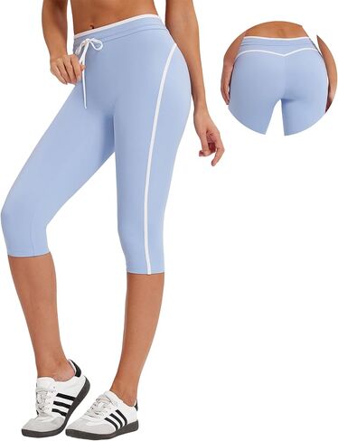 MOOSLOVER Women High Waisted Capri Leggings Drawstring Color Block Capris Stretch Compression Workout Yoga Pants in Kuwait