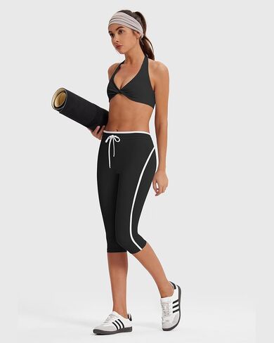 MOOSLOVER Women High Waisted Capri Leggings Drawstring Color Block Capris Stretch Compression Workout Yoga Pants in Kuwait