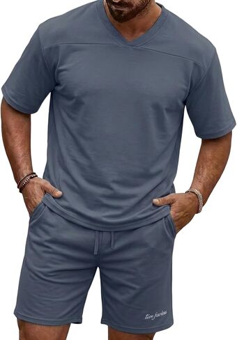 Opomelo Mens 2 Piece Vacation Sets Casual Short Summer Outfits V-neck T-Shirt & Shorts Tracksuits Vacation Matching Sets in Saudi Arabia