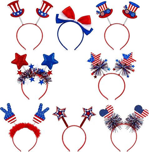 8Pcs 4th of July Headbands, Patriotic Red White Blue USA Flag Star Headband Decorations, 250th Anniversary Memorial Independence Day Parade Party Favors, Fourth of July Outfits Accessories for Women in Saudi Arabia