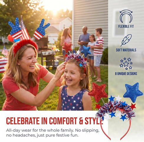 8Pcs 4th of July Headbands, Patriotic Red White Blue USA Flag Star Headband Decorations, 250th Anniversary Memorial Independence Day Parade Party Favors, Fourth of July Outfits Accessories for Women in Saudi Arabia