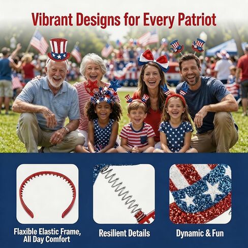 8Pcs 4th of July Headbands, Patriotic Red White Blue USA Flag Star Headband Decorations, 250th Anniversary Memorial Independence Day Parade Party Favors, Fourth of July Outfits Accessories for Women in Saudi Arabia