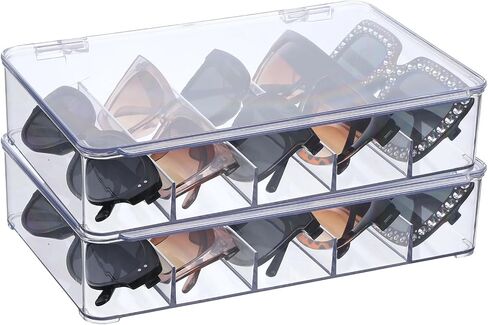 2PCS Sunglasses Organizer, 5 Slot Clear Glasses Storage Case, Stackable Eyeglass Case Storage Organizer, Clear Eyeglass Holder Stand Box Eyewear Display Tray for Multiple Glasses in Kuwait