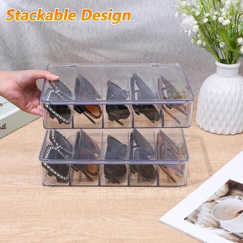 2PCS Sunglasses Organizer, 5 Slot Clear Glasses Storage Case, Stackable Eyeglass Case Storage Organizer, Clear Eyeglass Holder Stand Box Eyewear Display Tray for Multiple Glasses in Kuwait