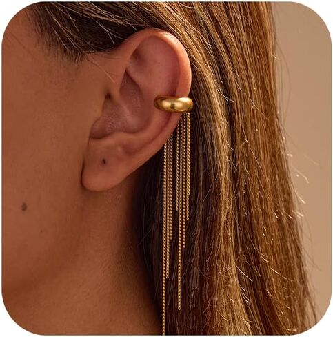 18K Gold Plated Tassel Ear Cuff for Women - Single Non-Pierced Clip-On Earring with Long Chain Dangle, Hypoallergenic Copper Jewelry for Party Daily Wear in Kuwait