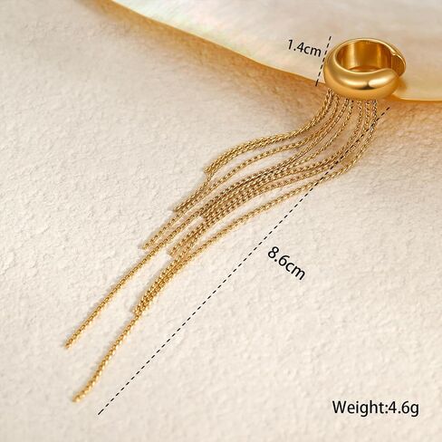 18K Gold Plated Tassel Ear Cuff for Women - Single Non-Pierced Clip-On Earring with Long Chain Dangle, Hypoallergenic Copper Jewelry for Party Daily Wear in Kuwait