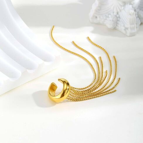 18K Gold Plated Tassel Ear Cuff for Women - Single Non-Pierced Clip-On Earring with Long Chain Dangle, Hypoallergenic Copper Jewelry for Party Daily Wear in Kuwait
