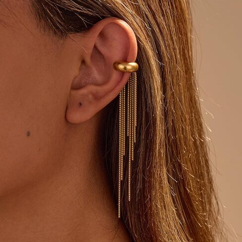 18K Gold Plated Tassel Ear Cuff for Women - Single Non-Pierced Clip-On Earring with Long Chain Dangle, Hypoallergenic Copper Jewelry for Party Daily Wear in Kuwait
