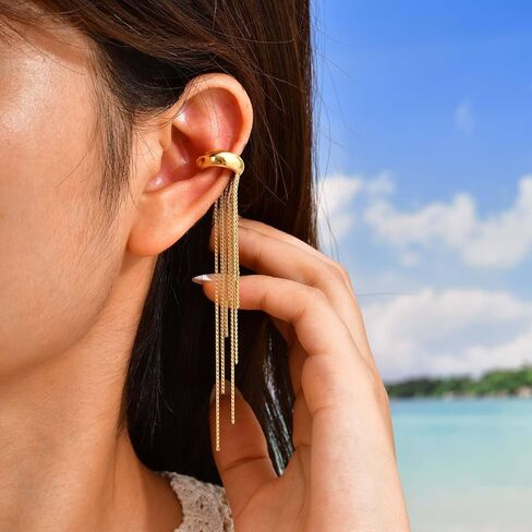 18K Gold Plated Tassel Ear Cuff for Women - Single Non-Pierced Clip-On Earring with Long Chain Dangle, Hypoallergenic Copper Jewelry for Party Daily Wear in Kuwait