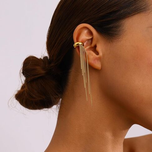 18K Gold Plated Tassel Ear Cuff for Women - Single Non-Pierced Clip-On Earring with Long Chain Dangle, Hypoallergenic Copper Jewelry for Party Daily Wear in Kuwait