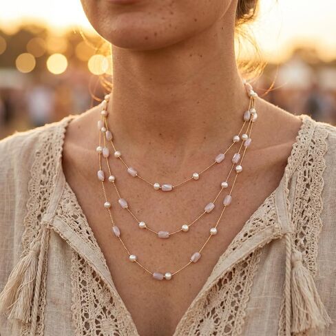 Layered Pearl Necklace Fashion Jewelry Gift for Daily Wear Glass Crystal Beaded Long Necklace Gold Dainty Layered Boho Statement Jewelry Summer Fashion Gift in Saudi Arabia