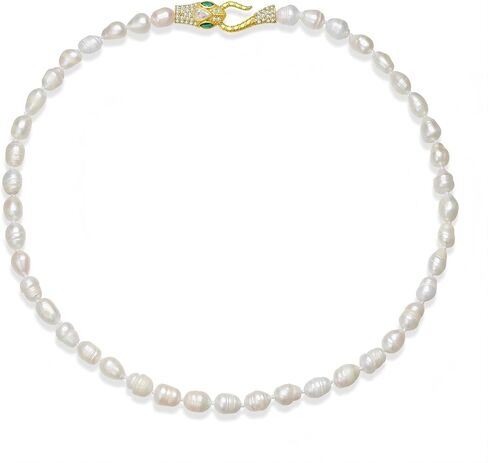 DEEP-SHEE Real Baroque Pearl Necklace,9-10 mm White Pearl Necklace for Women,Luxury Serpent Clasp with CZ,Pearl Jewelry, Gift for Women & Men in Saudi Arabia
