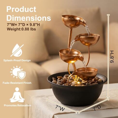 Tabletop Fountain Metal 4-Tier Cascading Bowl Water Feature Indoor Desktop Waterfall Fountain, Relaxing Zen Decor for Home Office Bedroom Meditation Gift, 9.8 Inch in Saudi Arabia