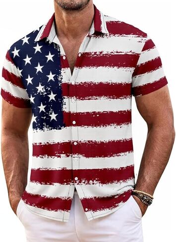 Hawaiian Shirt for Men, 4th of July Short Sleeve Button Down Shirts American Flag Print Summer Beach Causal Tops in Kuwait
