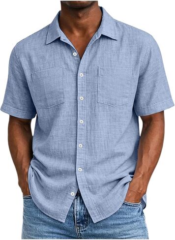 Mens Linen Cotton Short Sleeve Button Down Shirt Lightweight Breathable Summer Beach Shirt for Vacation Daily Wear in Saudi Arabia