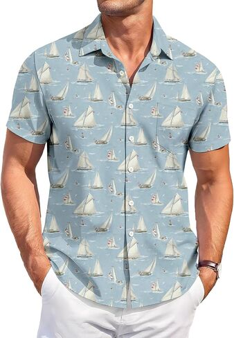 Men's Hawaiian Shirt, Novelty Tropical Graphic Print, Short Sleeve Vacation Shirt, Casual Beach Button Down in Saudi Arabia