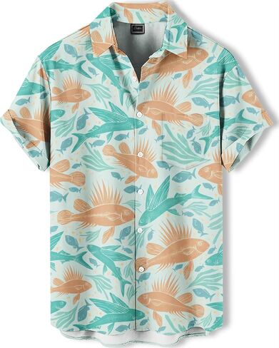 Men's Hawaiian Shirt, Novelty Tropical Graphic Print, Short Sleeve Vacation Shirt, Casual Beach Button Down in Saudi Arabia