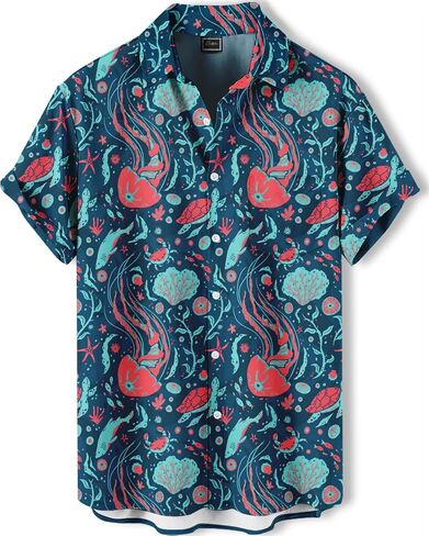Men's Hawaiian Shirt, Novelty Tropical Graphic Print, Short Sleeve Vacation Shirt, Casual Beach Button Down in Saudi Arabia