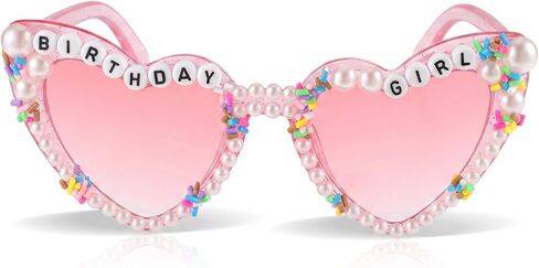 Heart-Shaped Birthday Girl Sunglasses, Pink Happy Birthday Girl Glasses Pearl Birthday Party Glasses for Women Girls in Kuwait