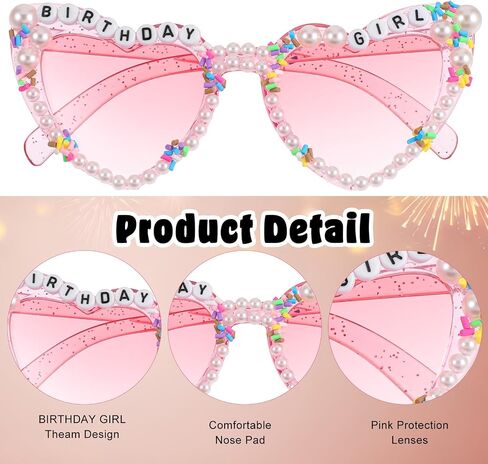 Heart-Shaped Birthday Girl Sunglasses, Pink Happy Birthday Girl Glasses Pearl Birthday Party Glasses for Women Girls in Kuwait