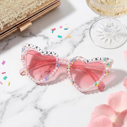 Heart-Shaped Birthday Girl Sunglasses, Pink Happy Birthday Girl Glasses Pearl Birthday Party Glasses for Women Girls in Kuwait