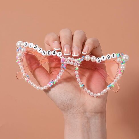 Heart-Shaped Birthday Girl Sunglasses, Pink Happy Birthday Girl Glasses Pearl Birthday Party Glasses for Women Girls in Kuwait