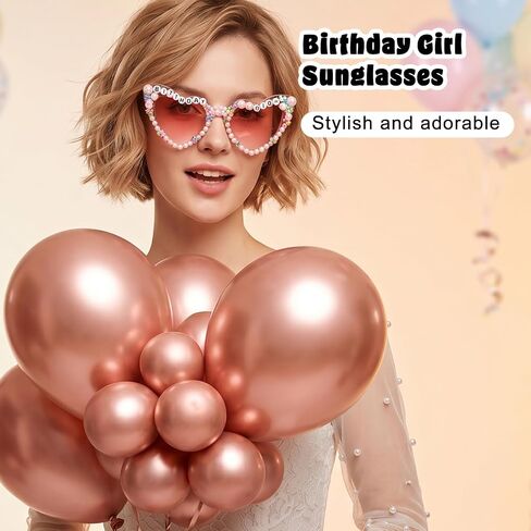Heart-Shaped Birthday Girl Sunglasses, Pink Happy Birthday Girl Glasses Pearl Birthday Party Glasses for Women Girls in Kuwait