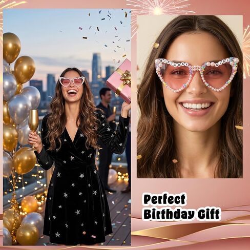 Heart-Shaped Birthday Girl Sunglasses, Pink Happy Birthday Girl Glasses Pearl Birthday Party Glasses for Women Girls in Kuwait