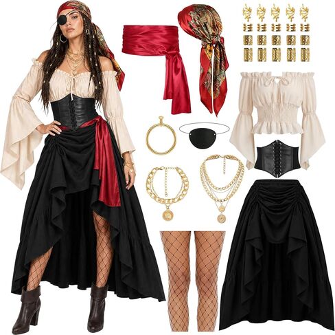 GERVAISE Renaissance Costume Women Pirate Outfits Medieval Halloween Tops Skirt Full Set in Saudi Arabia
