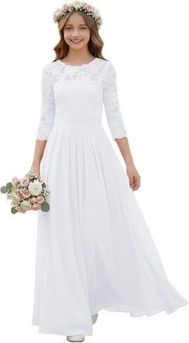 Junior Bridesmaid Dresses for Wedding 3/4 Sleeve Chiffon Flower Girl Dress Lace Girls Party Pageant Gowns in Saudi Arabia