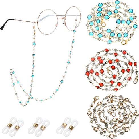 Mabor 3Pcs Eyeglass Holders Around Neck, Crystal Eyeglass Chain for Women Stylish Beaded Glasses Lanyard for Girls Men Glasses Neck Strap Vintage Reading Glass Chain with Loop Ring in Kuwait