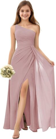 One Shoulder Junior Bridesmaid Dresses for Wedding Long Girls Formal Dress Chiffon Evening Party Gowns with Slit in Saudi Arabia