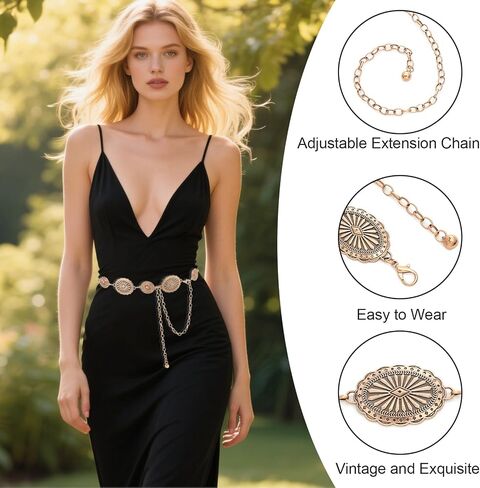NEOREAL Western Chain Metal Belt for Women Girls Waist Belts Cowgirl Cowboy Link for Jeans Dresses Concert in Kuwait