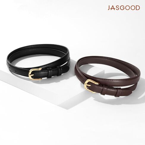 JASGOOD 2 Pack Women Skinny Belt with Gold Buckle Fashion Faux Leather Thin Belt for Jeans Pants in Kuwait